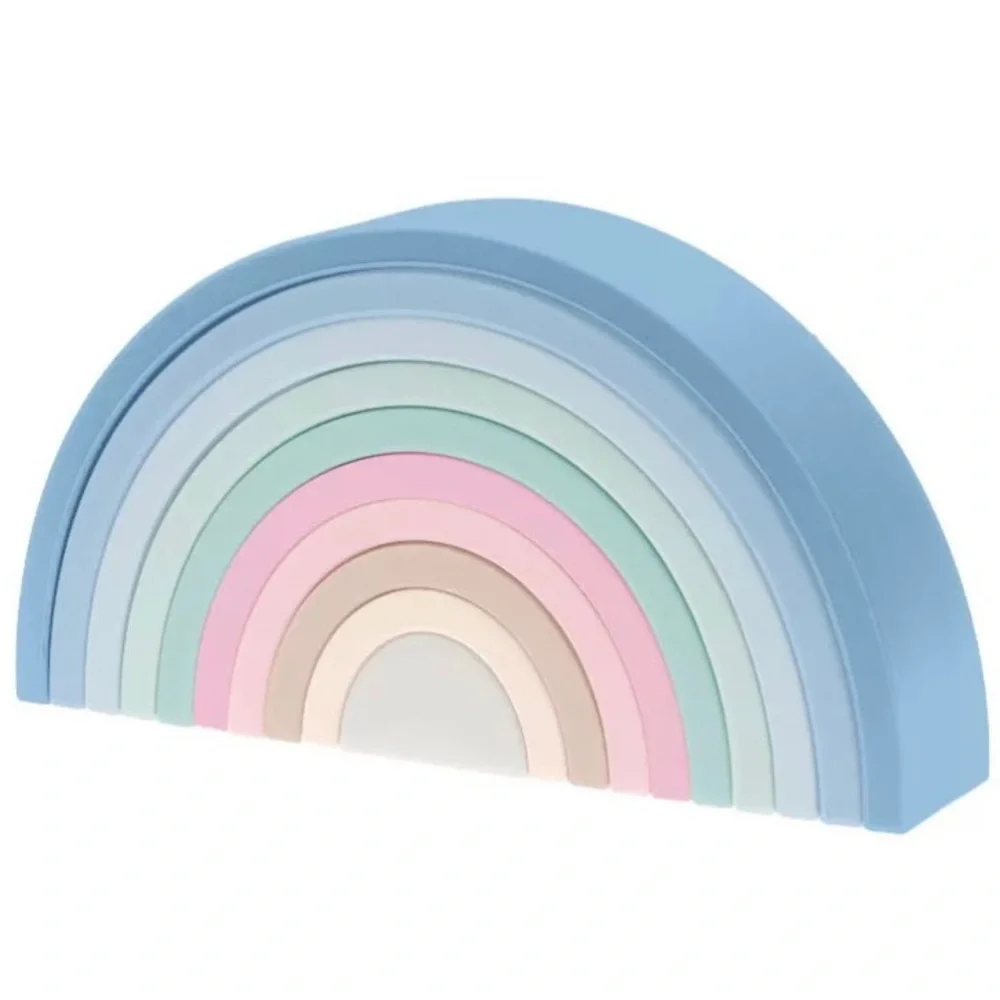 Rainbow 10pc Stacker Toy BPA Free Silicone Pastel Blue Neutrals Kids NEW